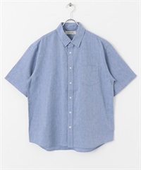 【接觸涼感】混麻料短袖襯衫(藍色-M-BLUE)