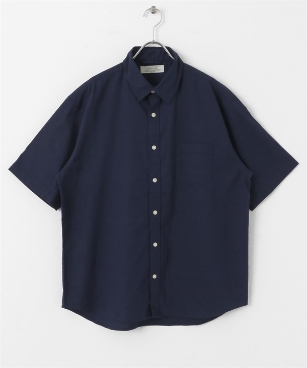 【接觸涼感】混麻料短袖襯衫(藏青色-M-NAVY)