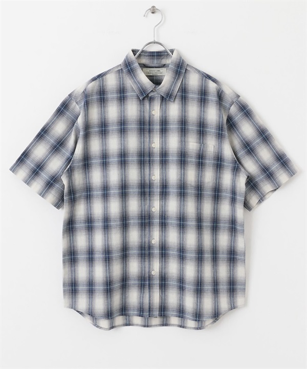 【接觸涼感】混麻料短袖襯衫(藍色格紋-M-其他藍色)