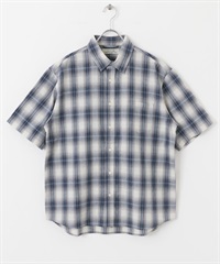 【接觸涼感】混麻料短袖襯衫(藍色格紋-M-其他藍色)