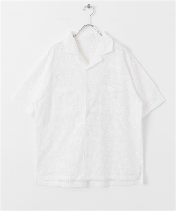 蕾絲刺繡短袖襯衫(米色-M-OFF WHITE)