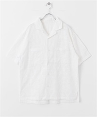 蕾絲刺繡短袖襯衫(米色-M-OFF WHITE)