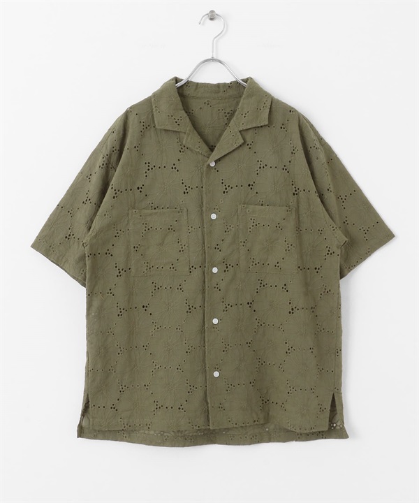 蕾絲刺繡短袖襯衫(卡其綠-M-KHAKI)