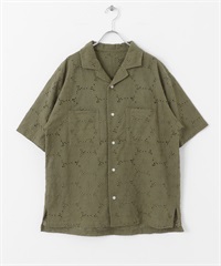 蕾絲刺繡短袖襯衫(卡其綠-M-KHAKI)