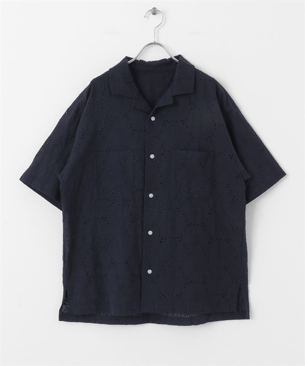 蕾絲刺繡短袖襯衫(藏青色-M-NAVY)