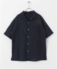 蕾絲刺繡短袖襯衫(藏青色-M-NAVY)