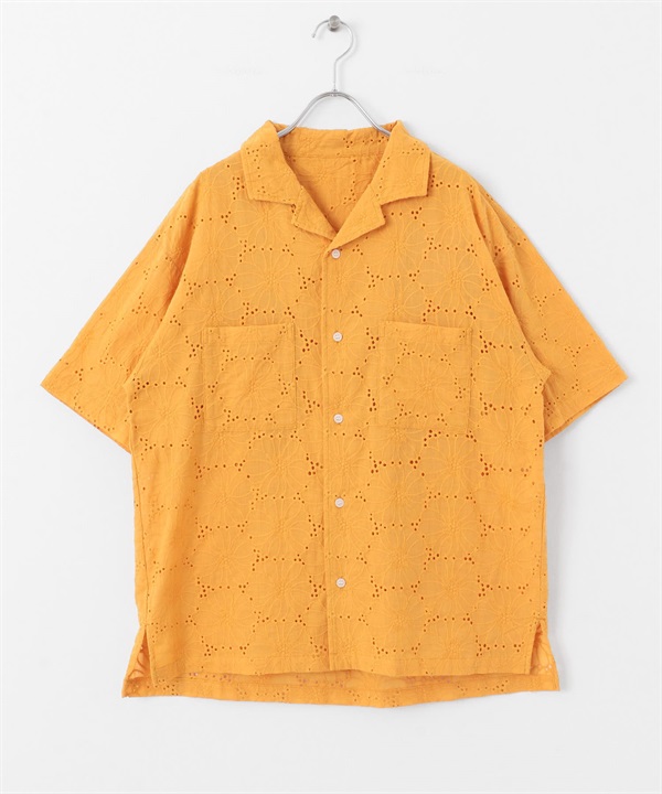 蕾絲刺繡短袖襯衫(黃色-M-YELLOW)