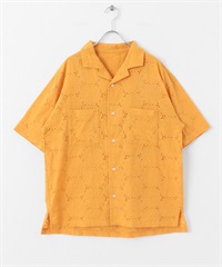 蕾絲刺繡短袖襯衫(黃色-M-YELLOW)