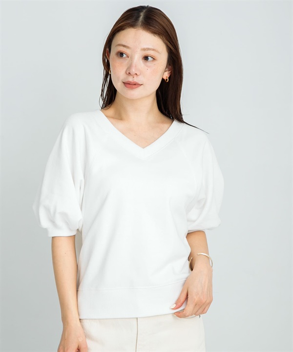 涼感泡泡袖V領套衫