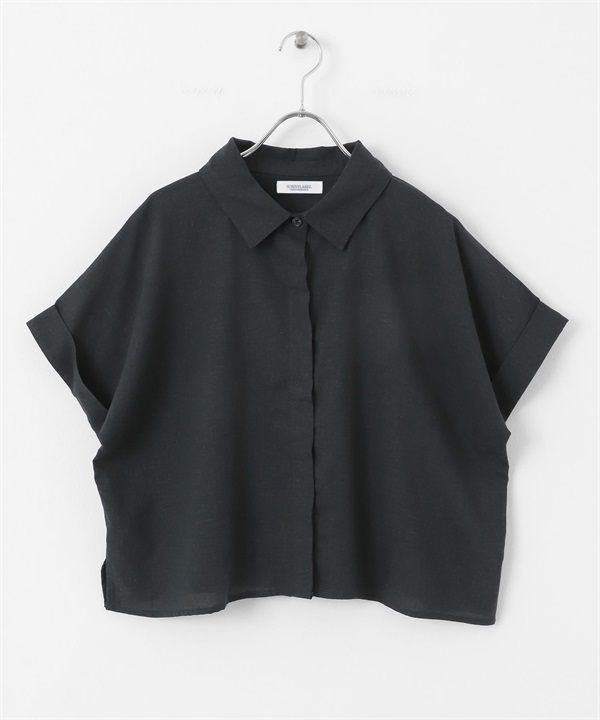 混麻料短版蝙蝠袖襯衫(炭灰色-FREE-CHARCOAL GRAY)