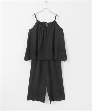 【成套組合】刺繡細肩帶背心 × 長褲(黑色-FREE-BLACK)
