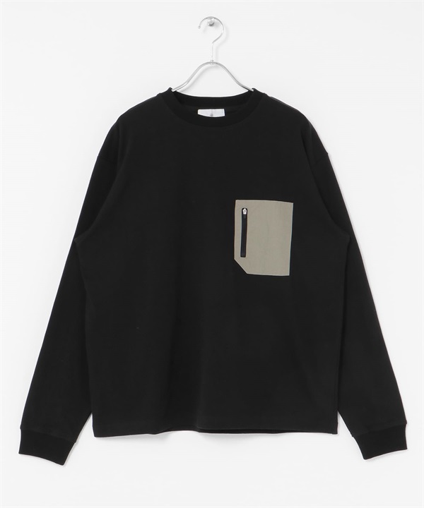 厚磅尼龍布口袋長袖T恤(黑色-M-BLACK)
