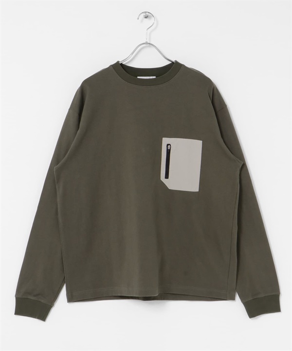 厚磅尼龍布口袋長袖T恤(卡其綠-M-KHAKI)