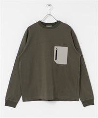 厚磅尼龍布口袋長袖T恤(卡其綠-M-KHAKI)