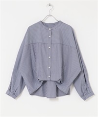 正面打褶立領襯衫(深藍色x米色-FREE-BLUE)