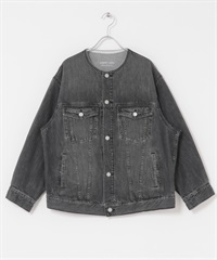 無領寬版牛仔外套(灰色-FREE-GRAY)