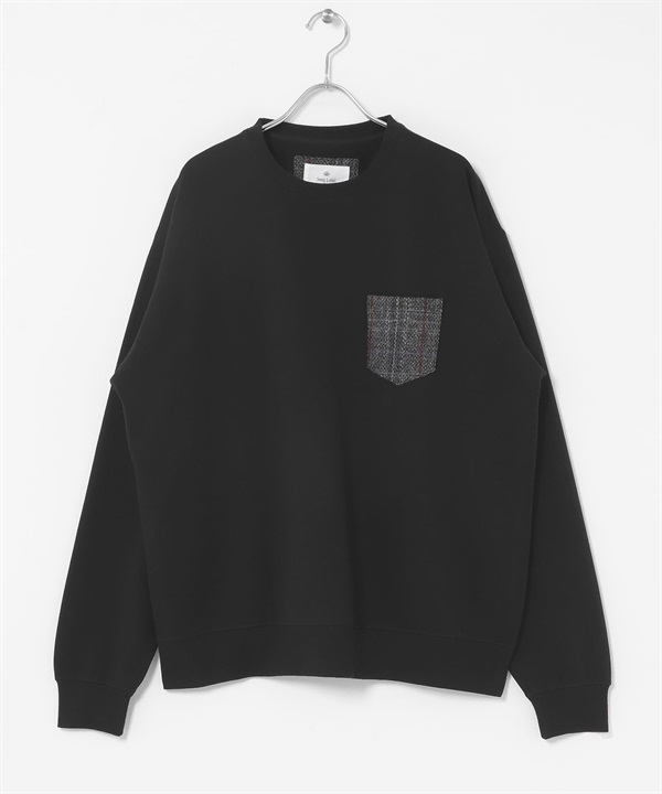 Harris Tweed 口袋拼接裏起毛上衣(黑色-M-BLACK)