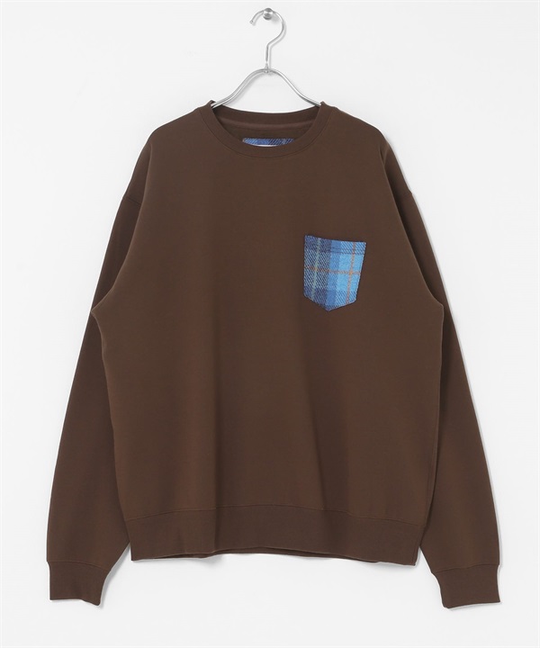 Harris Tweed 口袋拼接裏起毛上衣(棕色-M-BROWN)