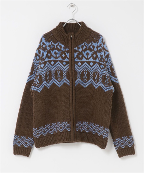 緹花拉鍊針織衫(棕色-M-BROWN)