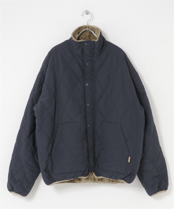 雙面穿絨毛絎縫立領夾克(藏青色-M-NAVY)