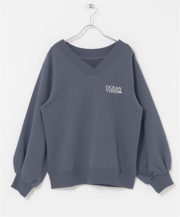 V領刺繡休閒上衣(霧藏青色-FREE-NAVY)