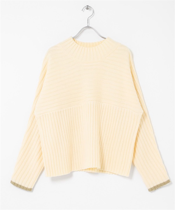 寬羅紋拼接針織衫(米色-FREE-OFF WHITE)