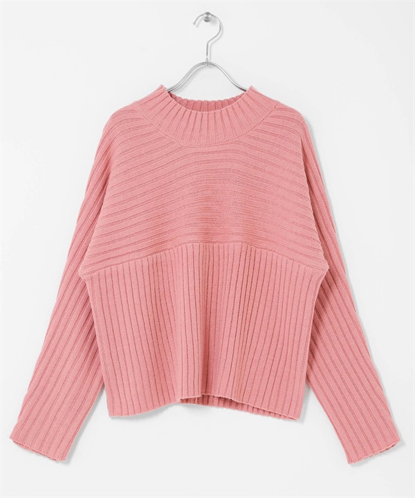 寬羅紋拼接針織衫(粉紅色-FREE-PINK)