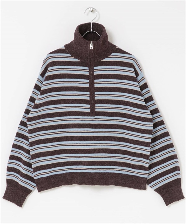 雪尼爾紗多彩橫紋半拉鍊套衫(棕色系-FREE-BROWN)