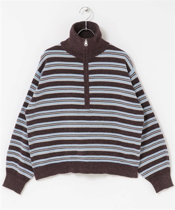 雪尼爾紗多彩橫紋半拉鍊套衫(棕色系-FREE-BROWN)