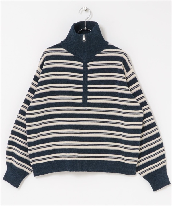 雪尼爾紗多彩橫紋半拉鍊套衫(藏青色系-FREE-NAVY)