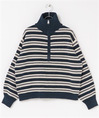 雪尼爾紗多彩橫紋半拉鍊套衫(藏青色系-FREE-NAVY)