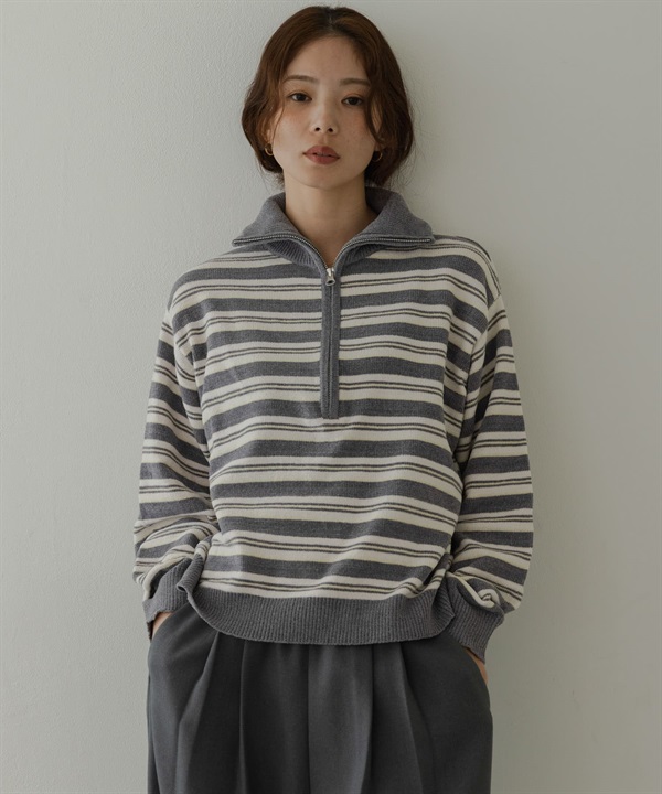 雪尼爾紗多彩橫紋半拉鍊套衫