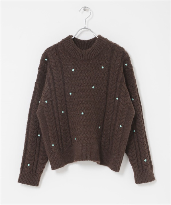 刺繡麻花針織衫(棕色-FREE-BROWN)