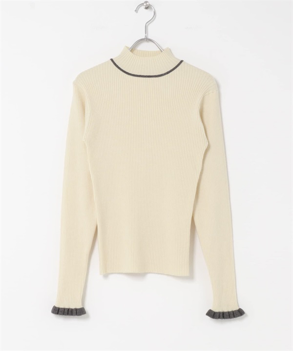 袖口荷葉邊高領針織衫(米色x灰色-FREE-OFF WHITE)