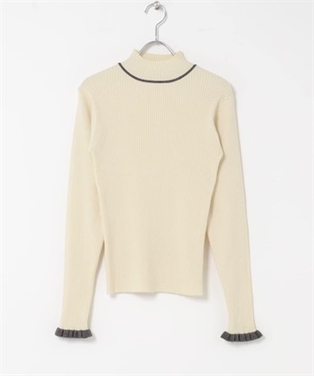 袖口荷葉邊高領針織衫(米色x灰色-FREE-OFF WHITE)