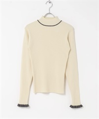 袖口荷葉邊高領針織衫(米色x灰色-FREE-OFF WHITE)