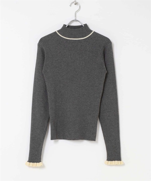 袖口荷葉邊高領針織衫(灰色x米色-FREE-GRAY)