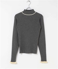 袖口荷葉邊高領針織衫(灰色x米色-FREE-GRAY)