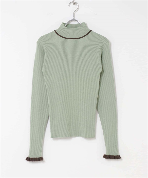 袖口荷葉邊高領針織衫(薄荷綠x棕色-FREE-MINT)