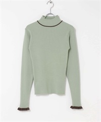 袖口荷葉邊高領針織衫(薄荷綠x棕色-FREE-MINT)