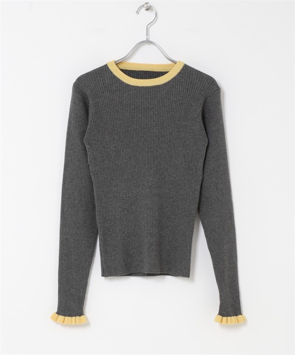 袖口荷葉邊圓領套衫(灰色x奶油色-FREE-GRAY)