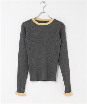 袖口荷葉邊圓領套衫(灰色x奶油色-FREE-GRAY)