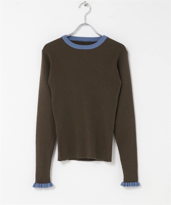 袖口荷葉邊圓領套衫(棕色x藍色-FREE-BROWN)