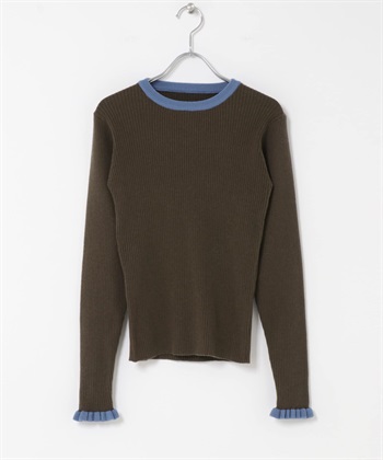 袖口荷葉邊圓領套衫(棕色x藍色-FREE-BROWN)