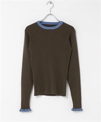 袖口荷葉邊圓領套衫(棕色x藍色-FREE-BROWN)