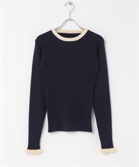 袖口荷葉邊圓領套衫(藏青色x米色-FREE-NAVY)