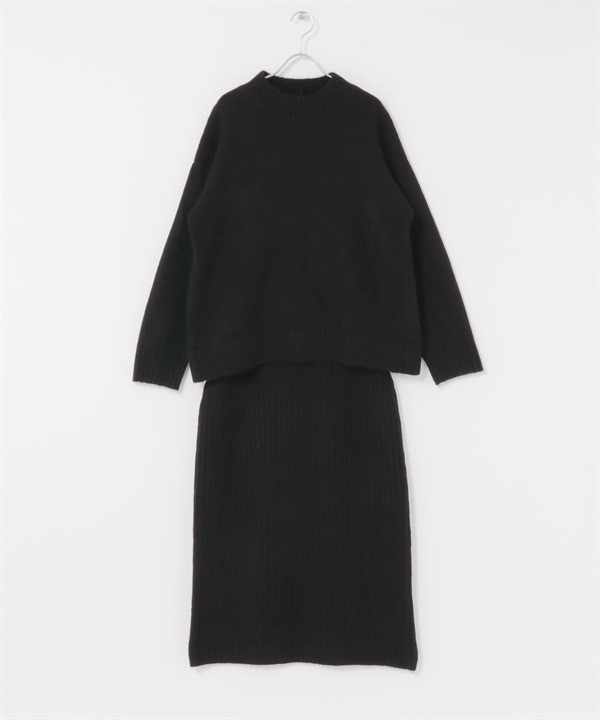【成套組合】微高領針織衫 × 長裙(黑色-FREE-BLACK)