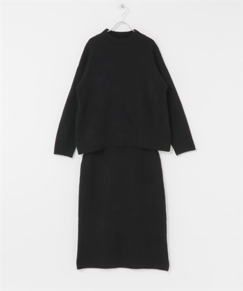 【成套組合】微高領針織衫 × 長裙(黑色-FREE-BLACK)