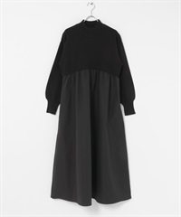 微高領拼接針織洋裝(黑色-FREE-BLACK)