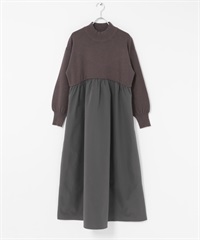 微高領拼接針織洋裝(炭灰色-FREE-CHARCOAL GRAY)